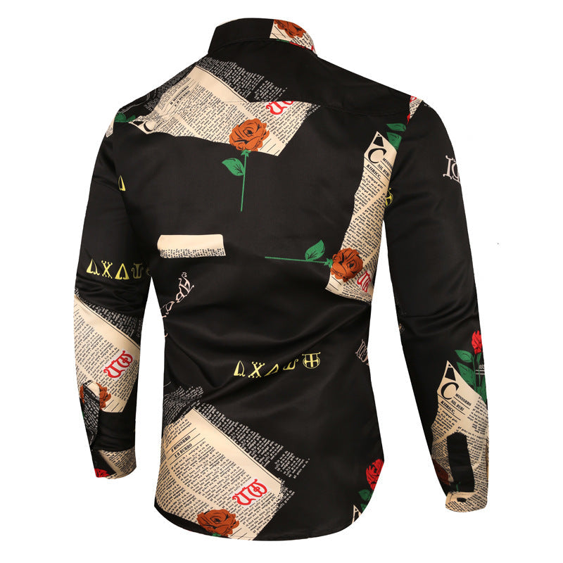 Men's Rose Print Shirt - Long Sleeve Fashion Casual Shirt