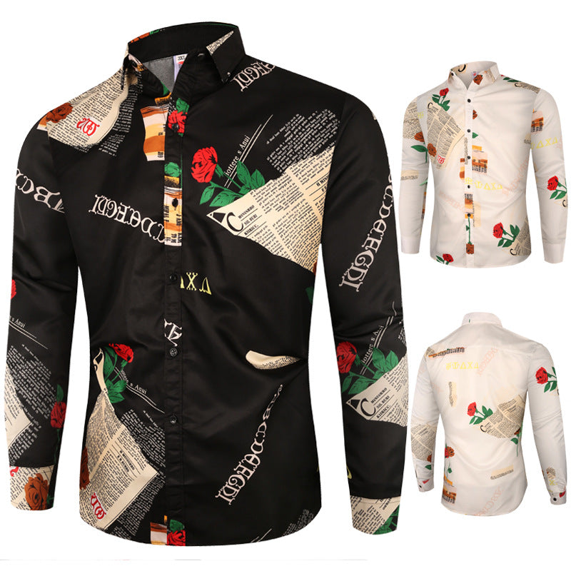 Men's Rose Print Shirt - Long Sleeve Fashion Casual Shirt