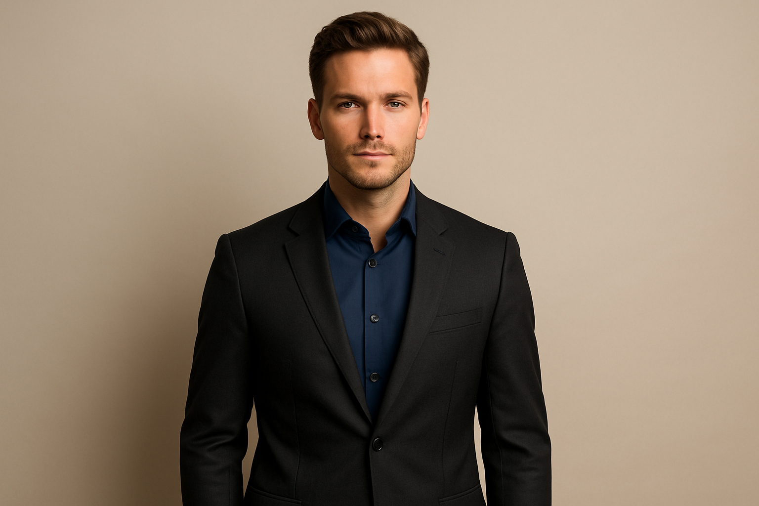 欧美模特穿西装内搭藏青蓝色衬衫