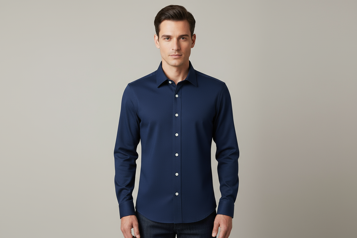 欧美模特穿藏青蓝色衬衫