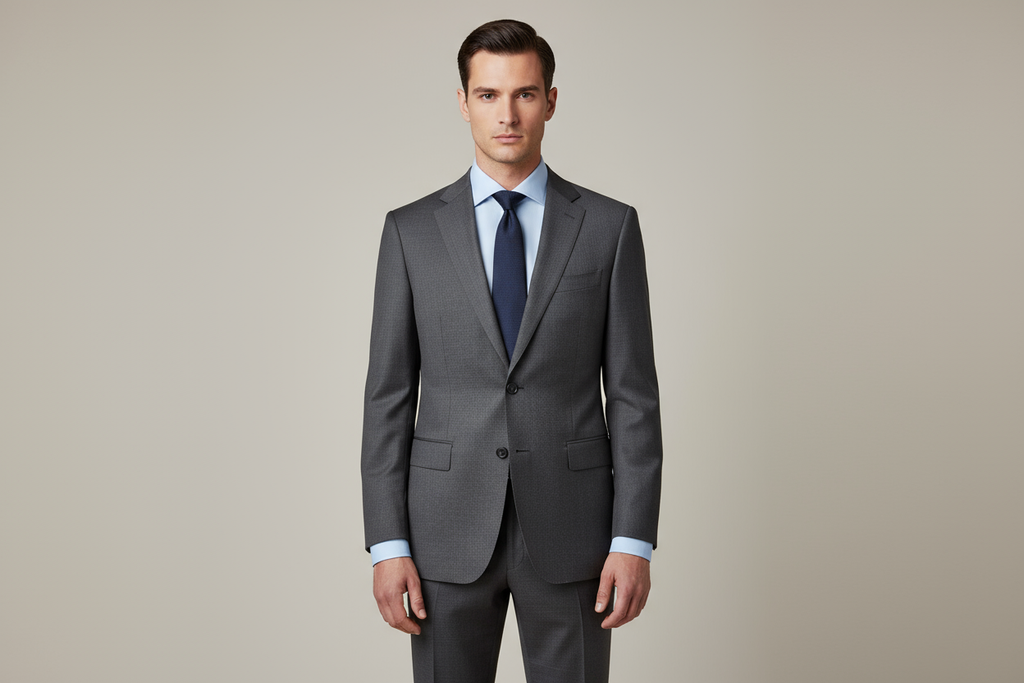 模特穿西装内搭浅蓝色衬衫