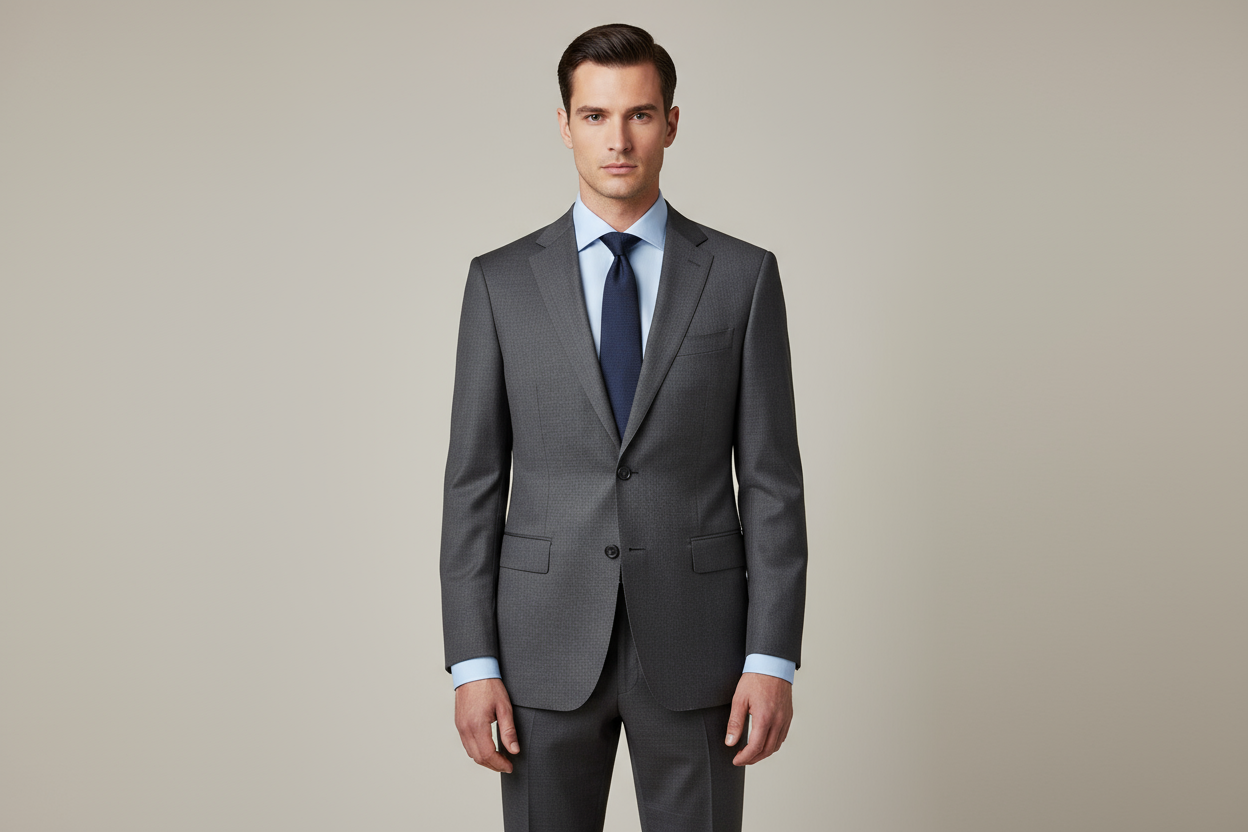 模特穿西装内搭浅蓝色衬衫