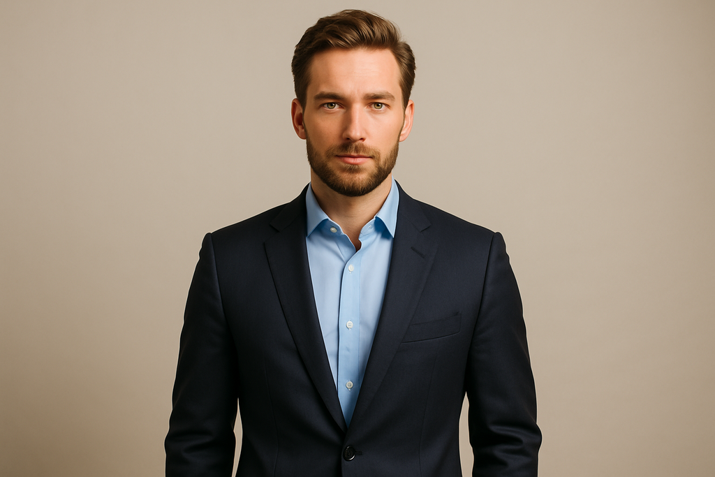 模特穿西装内搭浅蓝色衬衫