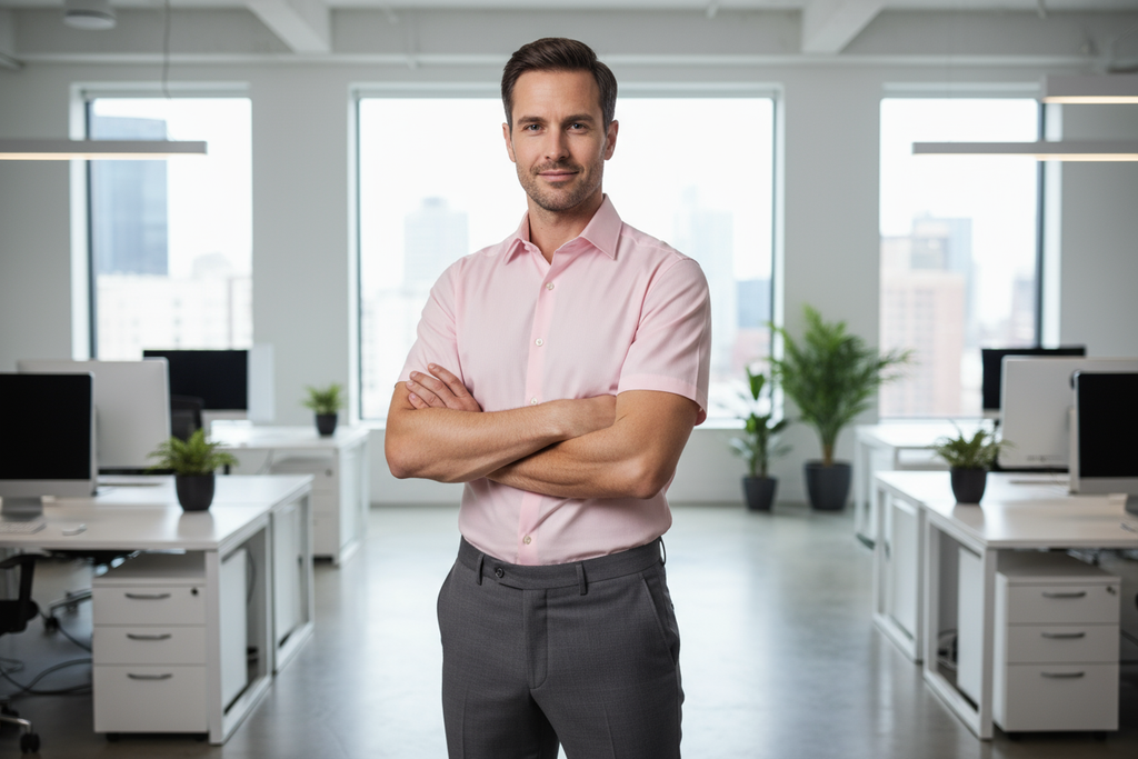 欧美模特穿着短袖粉红色衬衫