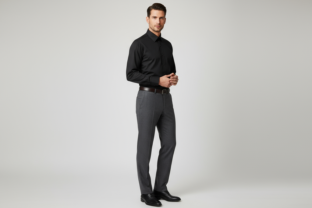 模特穿黑色衬衫配西裤