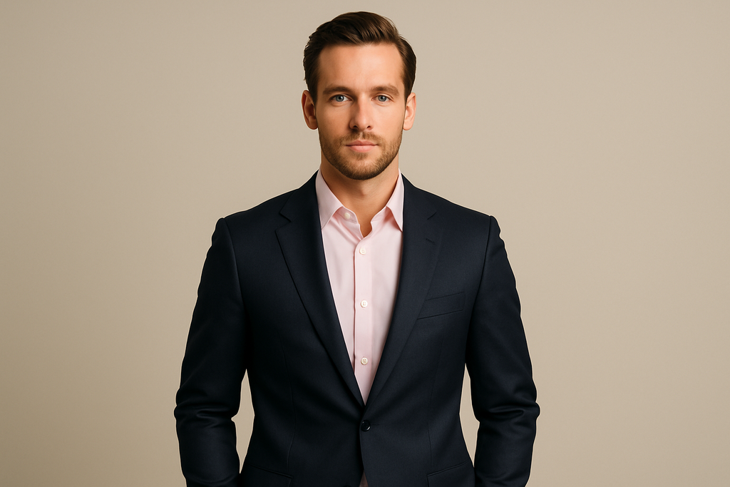 欧美模特穿西装内搭浅粉红色衬衫