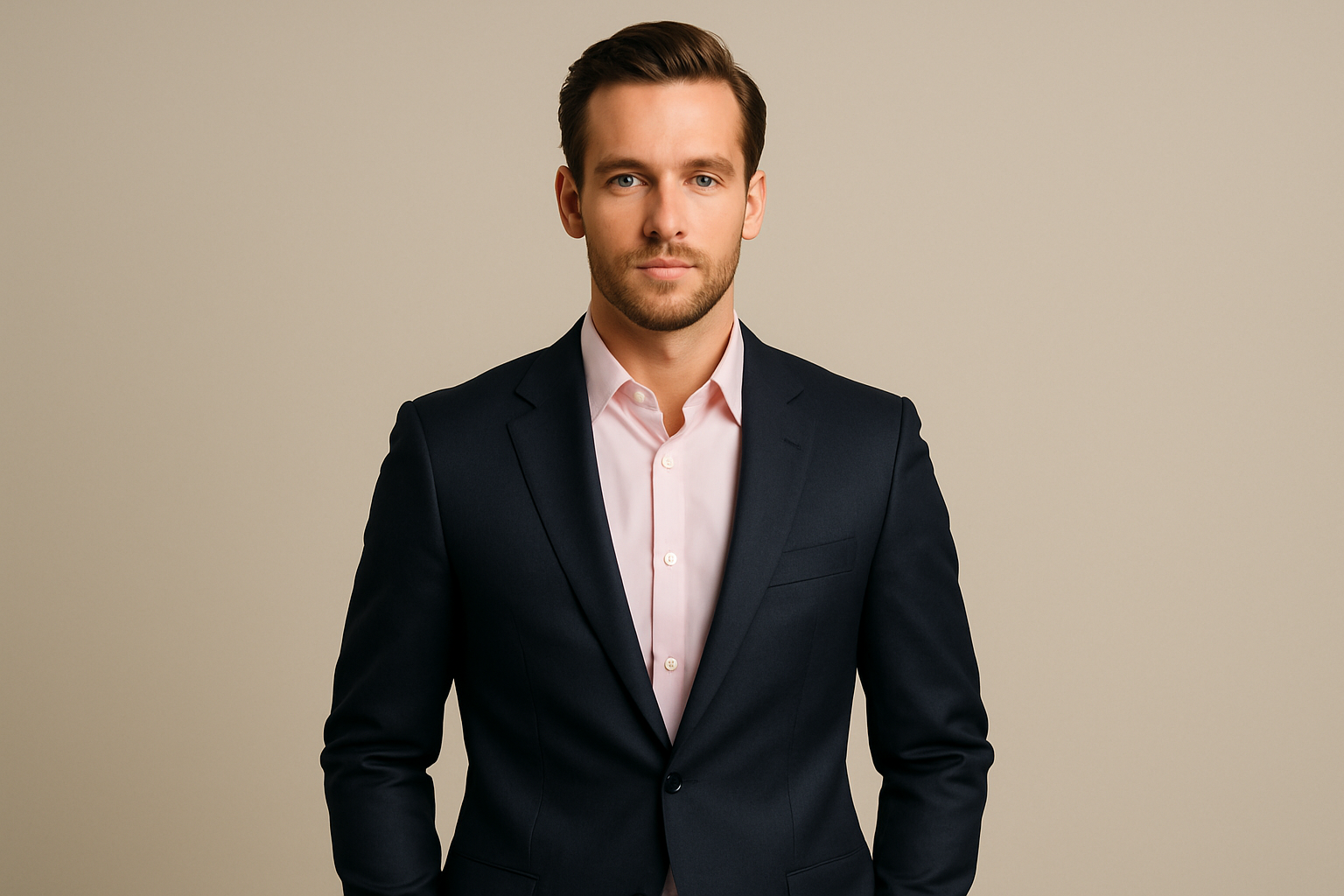 欧美模特穿西装内搭浅粉红色衬衫