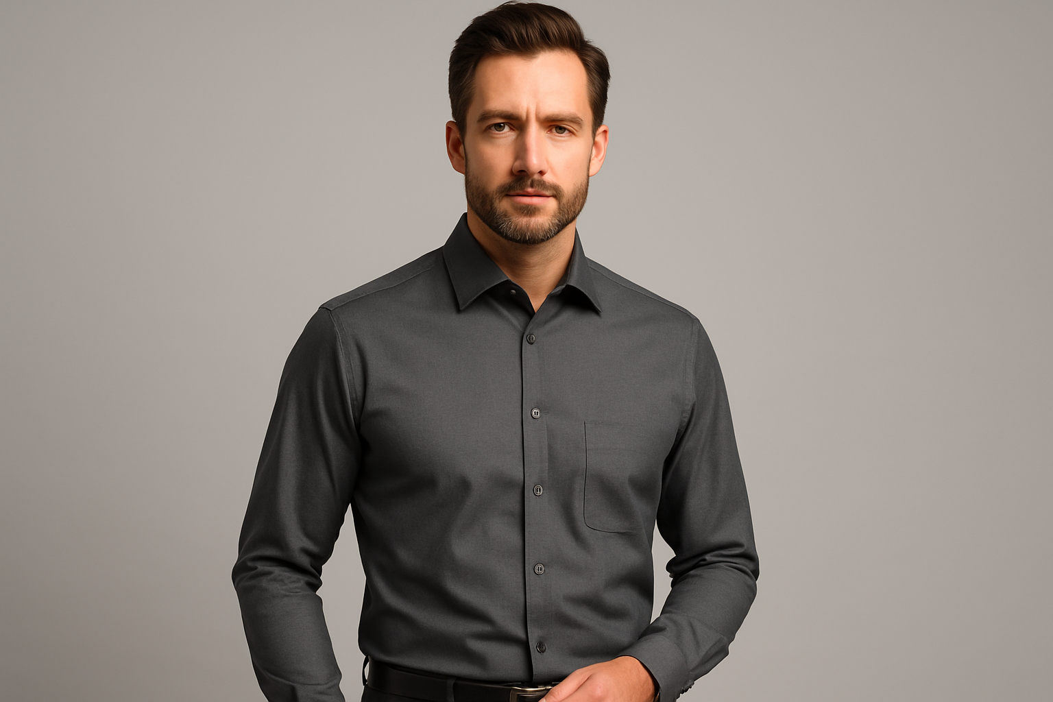 欧美模特穿灰色衬衫