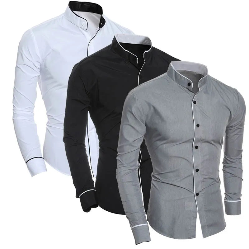 Men's Mandarin Collar Casual Shirt - Slim Fit Long Sleeve
