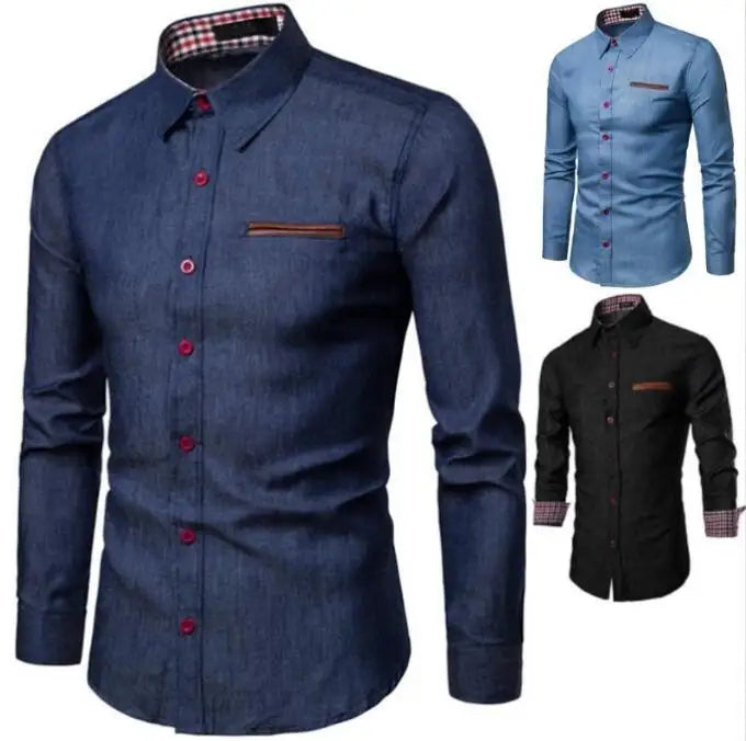 Men's Denim Shirt - Long Sleeve Casual Slim Fit Cotton Shirt