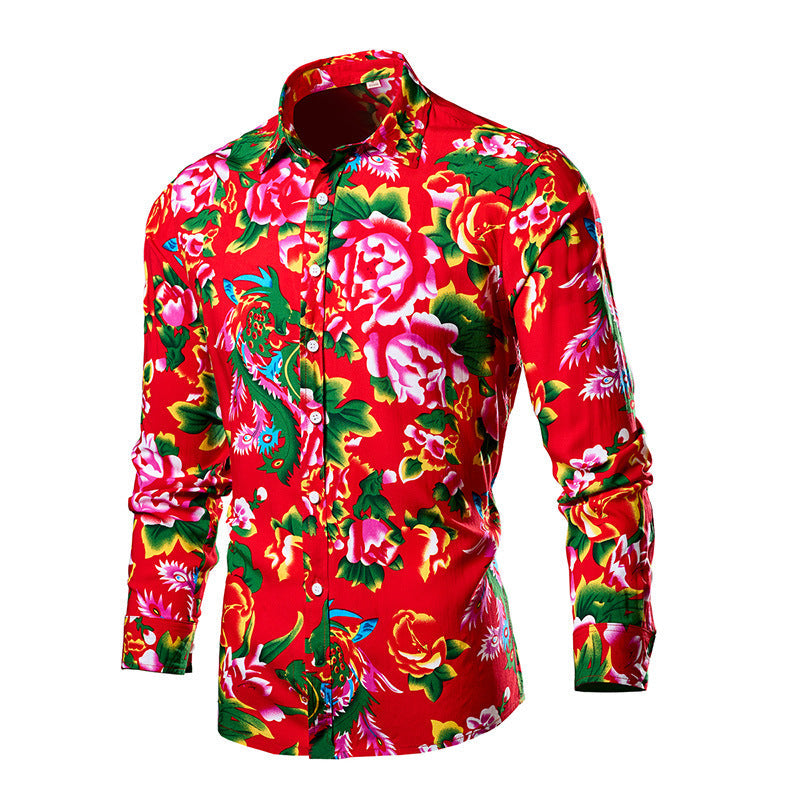 Men's Bold Floral Print Shirt - Long Sleeve Casual Multicolor