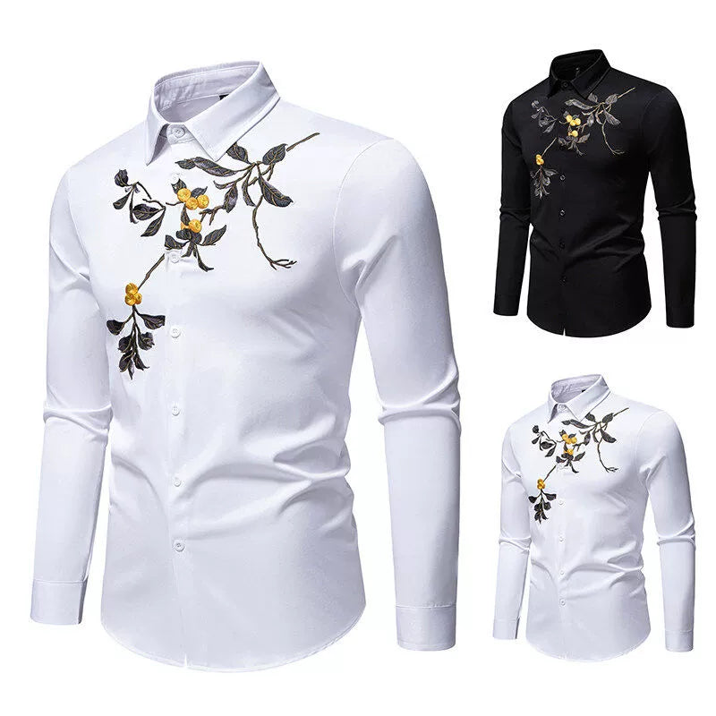 Men's Floral Embroidered Shirt - Long Sleeve Business Casual