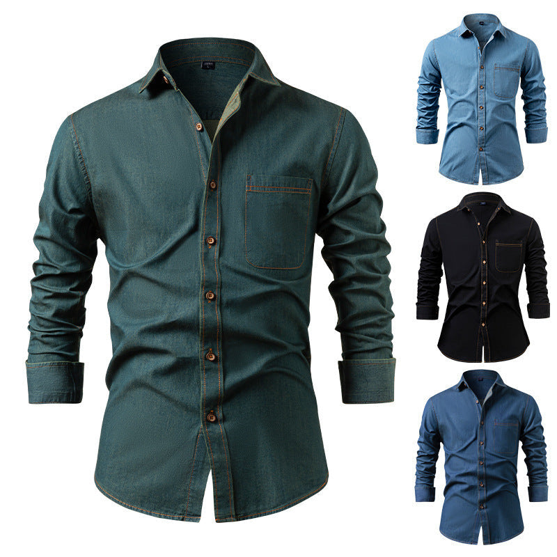 Men's American Denim Shirt - Wrinkle-Free Cotton Long Sleeve Casual