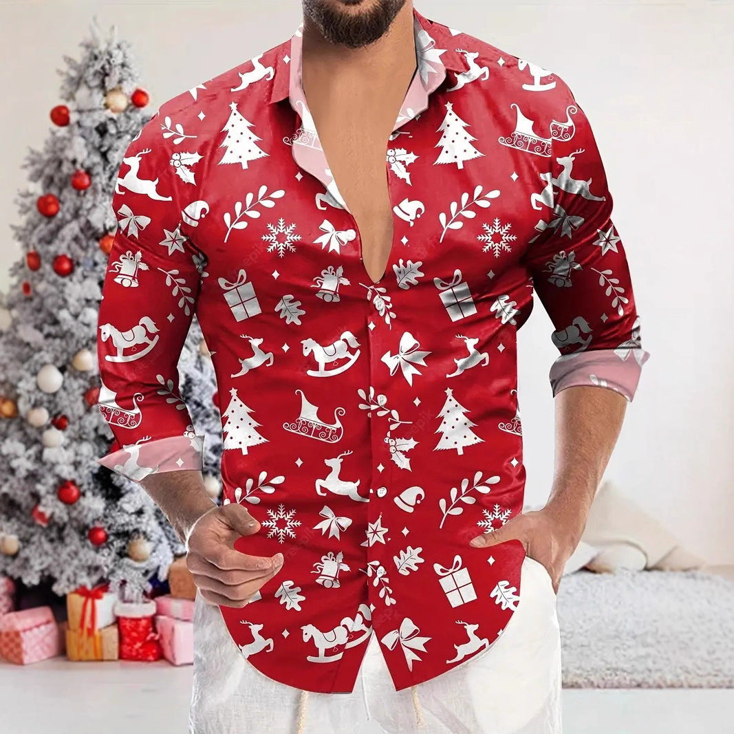 Men's Christmas 3D Digital Print Shirt - Long Sleeve Holiday Casual Shirt
