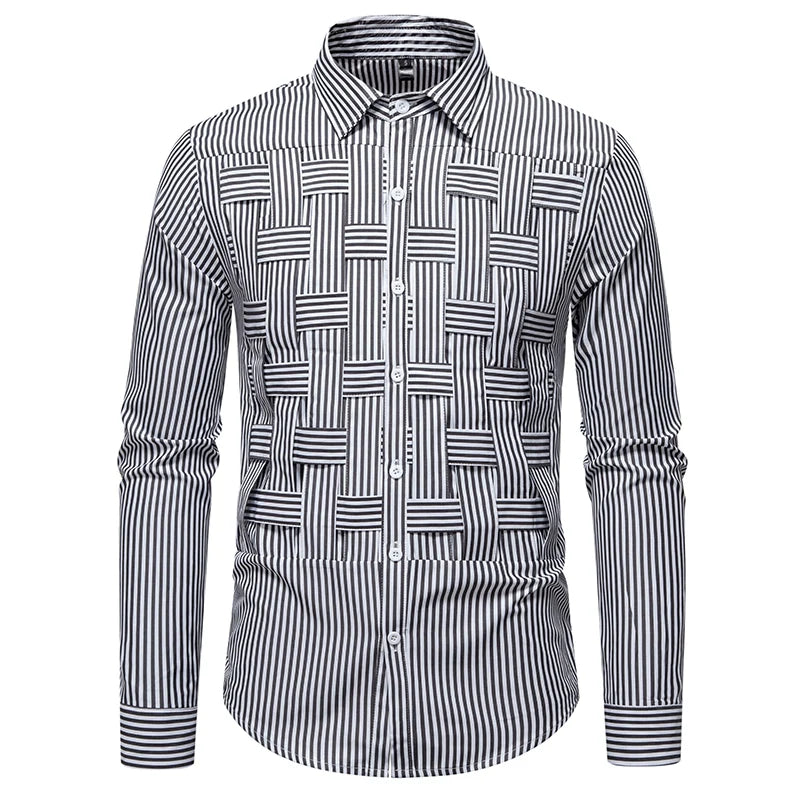 Men's Striped Woven Plaid Shirt - Long Sleeve Casual Designer Style