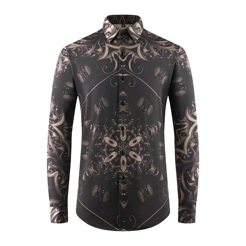 Men's Print Stretch Shirt - Iron-Free Long Sleeve Lapel Collar Coffee