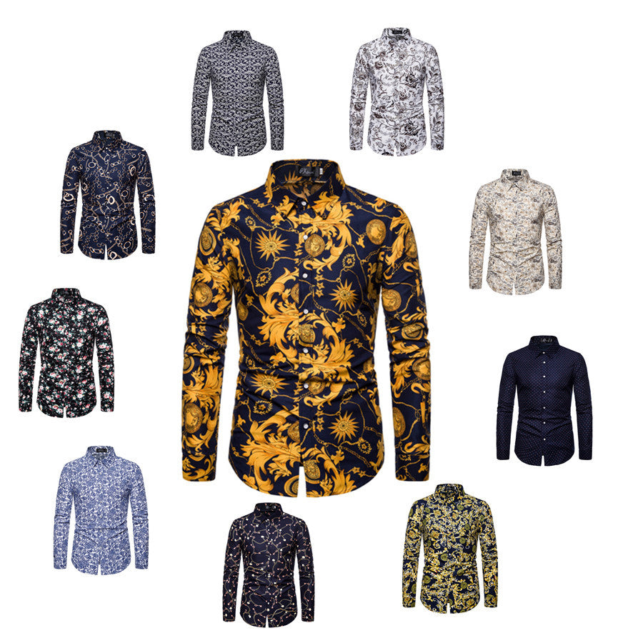 Men's Floral Print Shirt - Long Sleeve Korean Style Plus Size