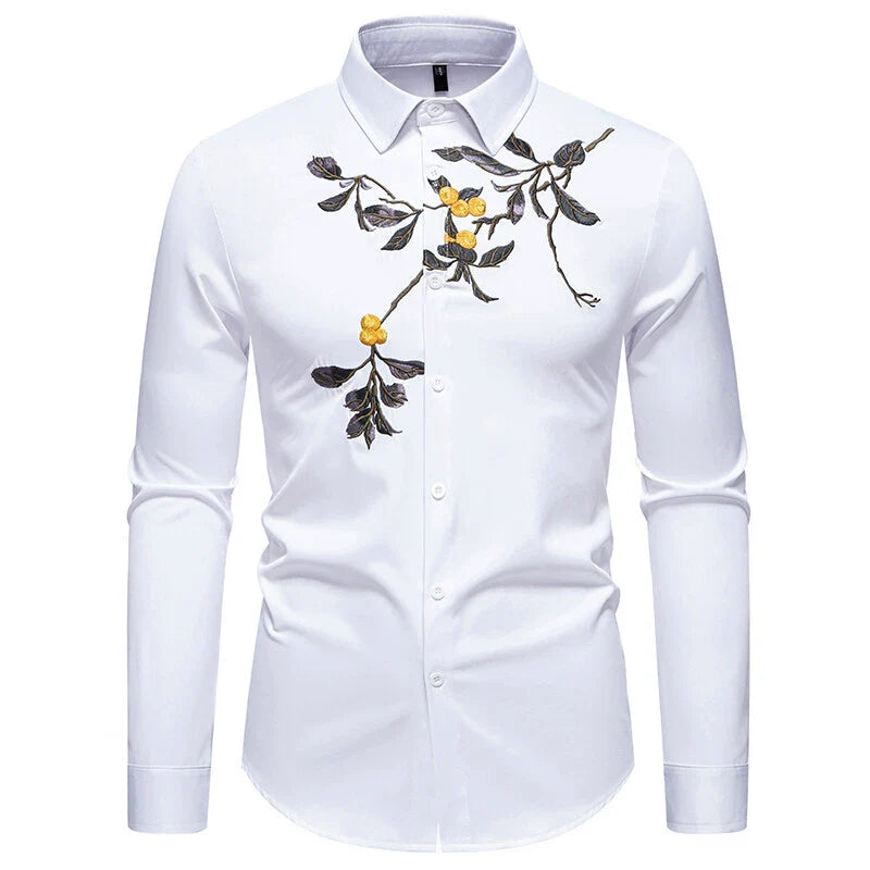 Men's Floral Embroidered Shirt - Long Sleeve Business Casual