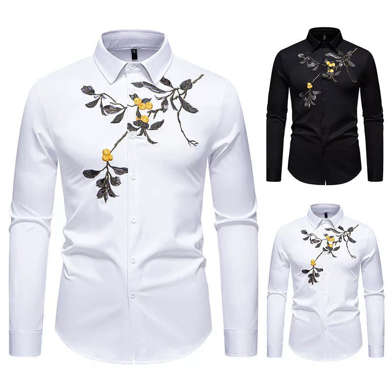 Men's Floral Embroidered Shirt - Long Sleeve Business Casual