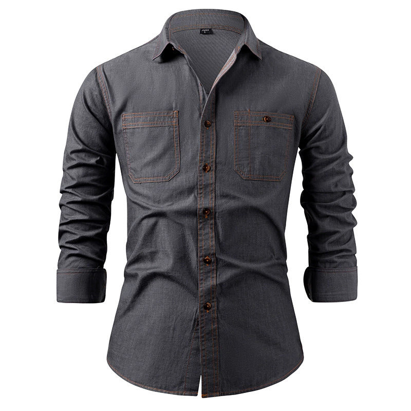 Men's American Denim Shirt - Wrinkle-Free Cotton Long Sleeve Casual