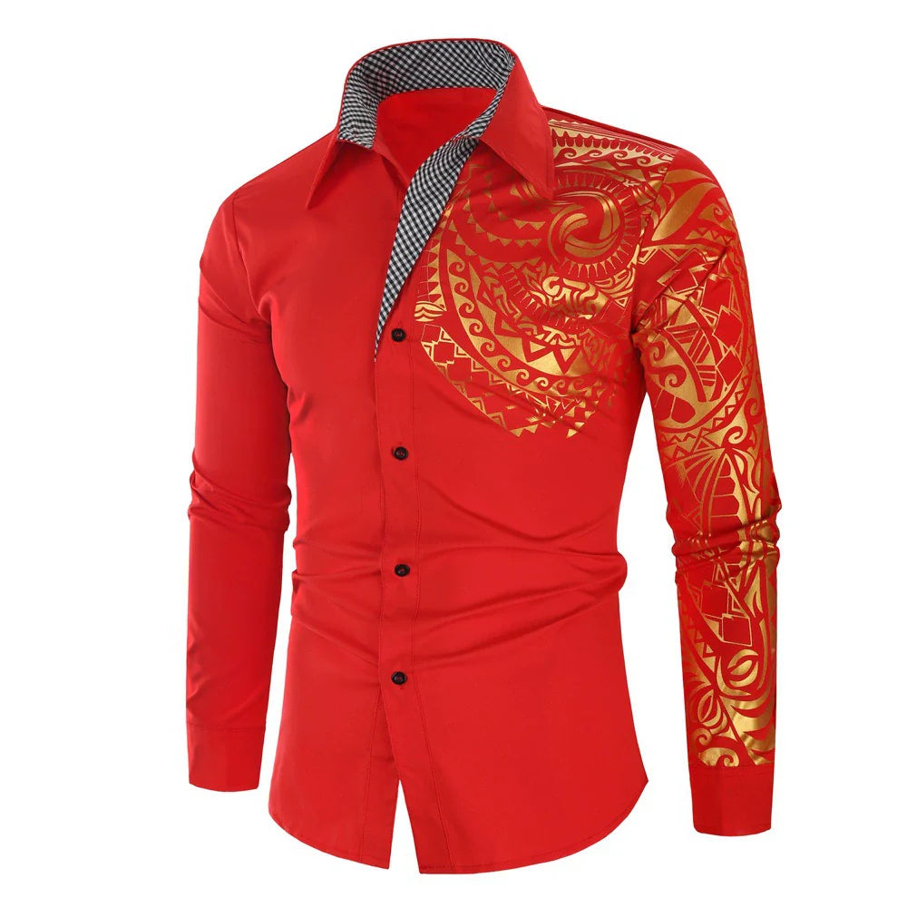 Men's Totem Print Metallic Shirt - Long Sleeve Gold Foil Pattern by Global Dress Shirts