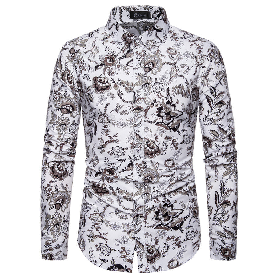 Men's Floral Print Shirt - Long Sleeve Korean Style Plus Size