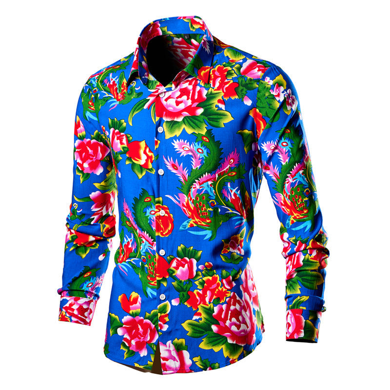 Men's Bold Floral Print Shirt - Long Sleeve Casual Multicolor
