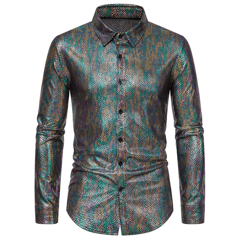 Men's Snakeskin Print Metallic Shirt - Long Sleeve Stage Performance Shirt