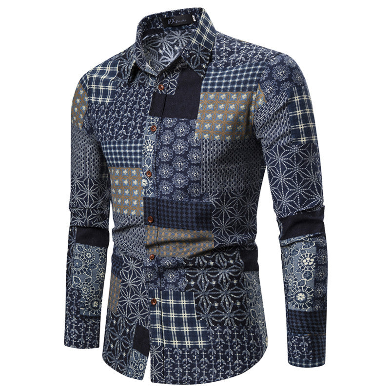 Men's Ethnic Print Shirt - Slim Fit Long Sleeve Casual Plus Size
