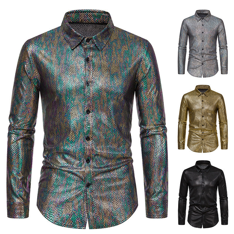Men's Snakeskin Print Metallic Shirt - Long Sleeve Stage Performance Shirt