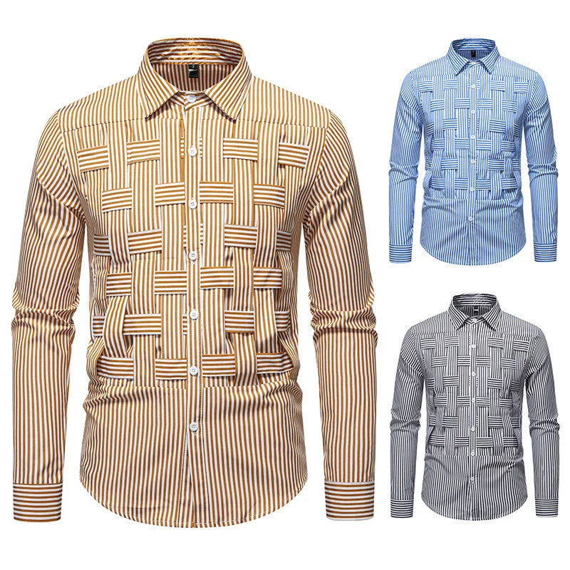 Men's Striped Woven Plaid Shirt - Long Sleeve Casual Designer Style