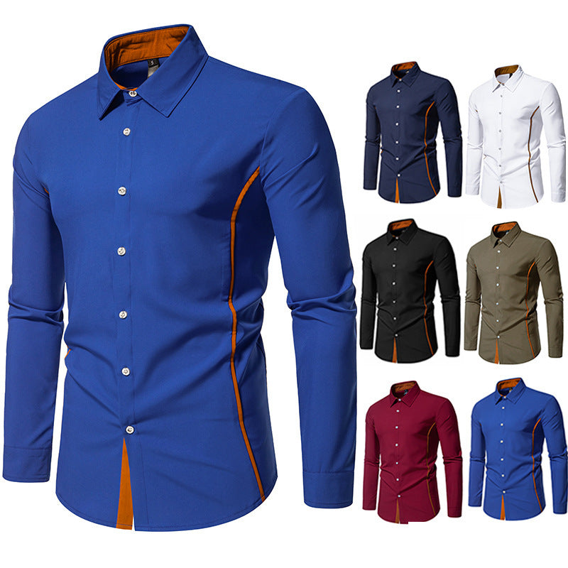 Men's Color Block Triangle Collar Shirt - Long Sleeve Casual Fashion