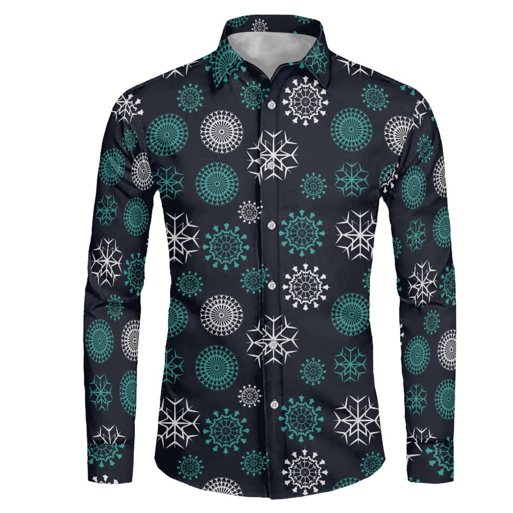 Men's Snowflake 3D Print Shirt - Long Sleeve Lapel Collar Plus Size