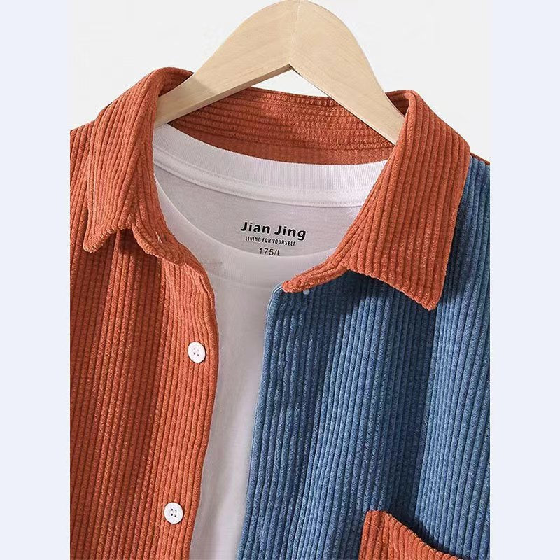 Men's Corduroy Long Sleeve Shirt - Casual Color Block Button Down Shirt
