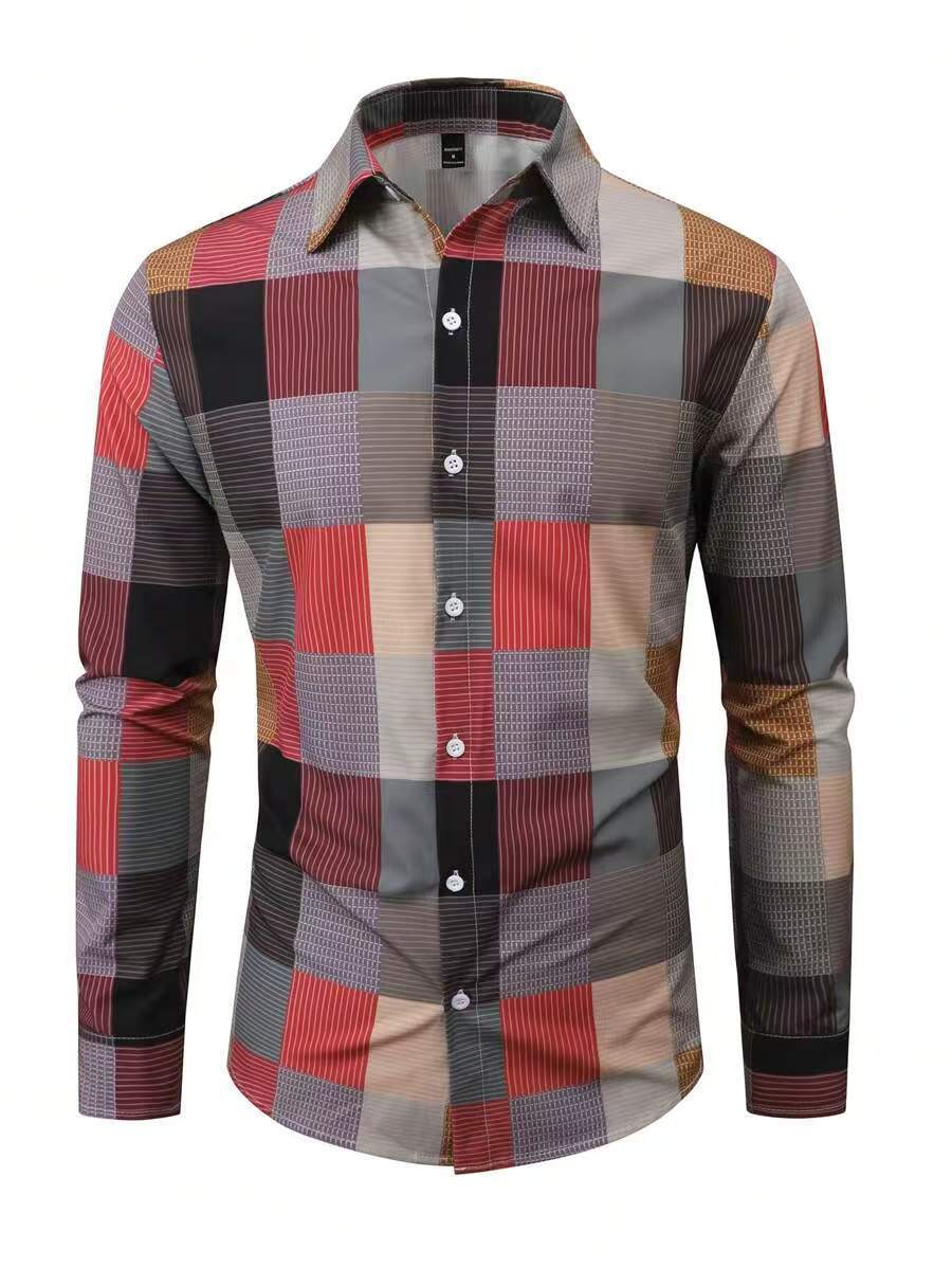 Men's Plaid Digital Print Shirt - Casual Long Sleeve Button-Up