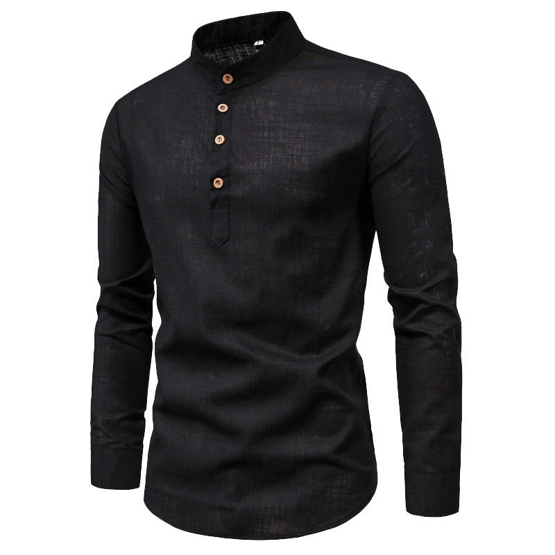 Men's Solid Color Mandarin Collar Shirt - Long Sleeve Slim Fit Business