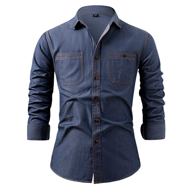 Men's American Denim Shirt - Wrinkle-Free Cotton Long Sleeve Casual