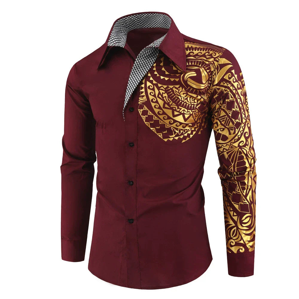 Men's Totem Print Metallic Shirt - Long Sleeve Gold Foil Pattern by Global Dress Shirts