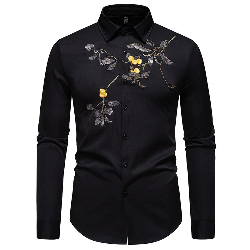 Men's Floral Embroidered Shirt - Long Sleeve Business Casual