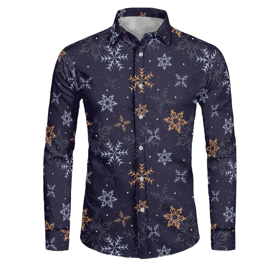 Men's Snowflake 3D Print Shirt - Long Sleeve Lapel Collar Plus Size