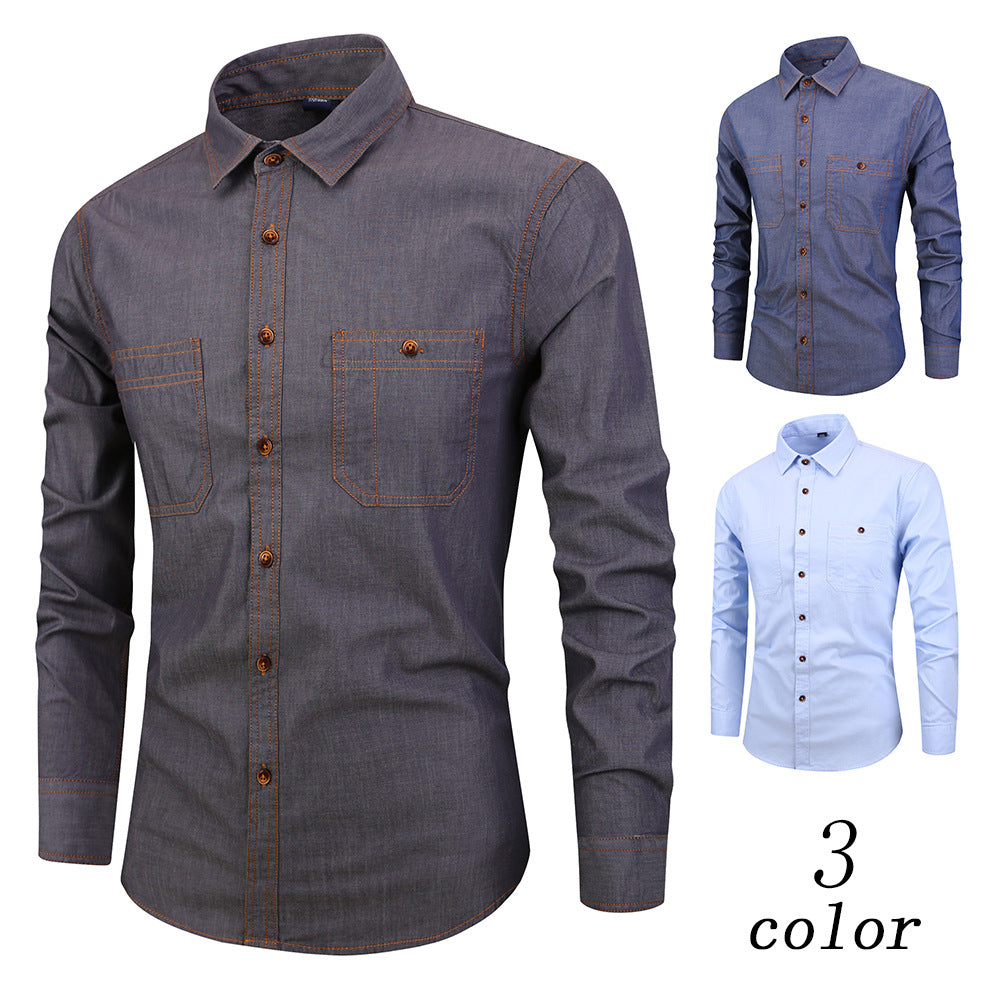 Men's Denim Long Sleeve Shirt - Wrinkle-Free Cotton Casual Button Down