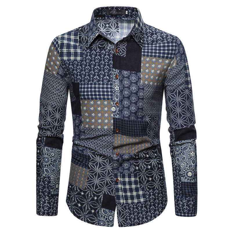 Men's Ethnic Print Shirt - Slim Fit Long Sleeve Casual Plus Size