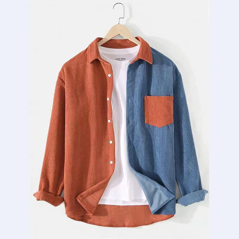 Men's Corduroy Long Sleeve Shirt - Casual Color Block Button Down Shirt