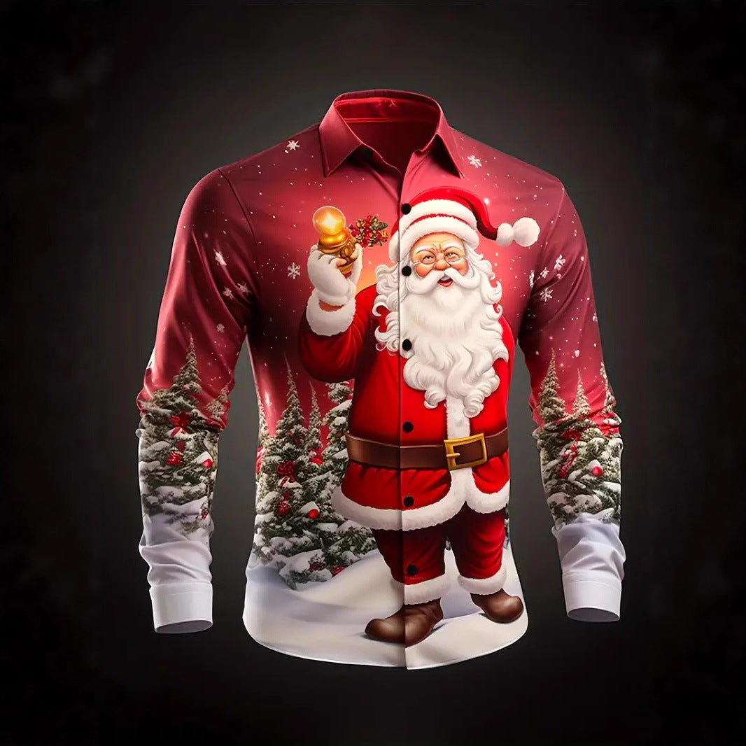 Men's Christmas 3D Digital Print Shirt - Long Sleeve Holiday Casual Shirt