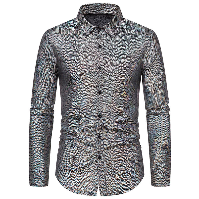 Men's Snakeskin Print Metallic Shirt - Long Sleeve Stage Performance Shirt