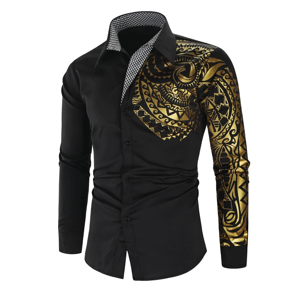 Men's Totem Print Metallic Shirt - Long Sleeve Gold Foil Pattern by Global Dress Shirts