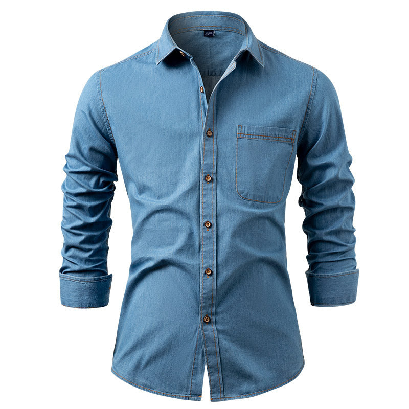 Men's American Denim Shirt - Wrinkle-Free Cotton Long Sleeve Casual