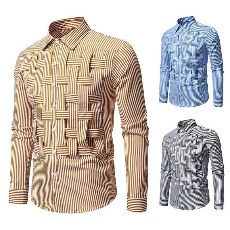 Men's Striped Woven Plaid Shirt - Long Sleeve Casual Designer Style