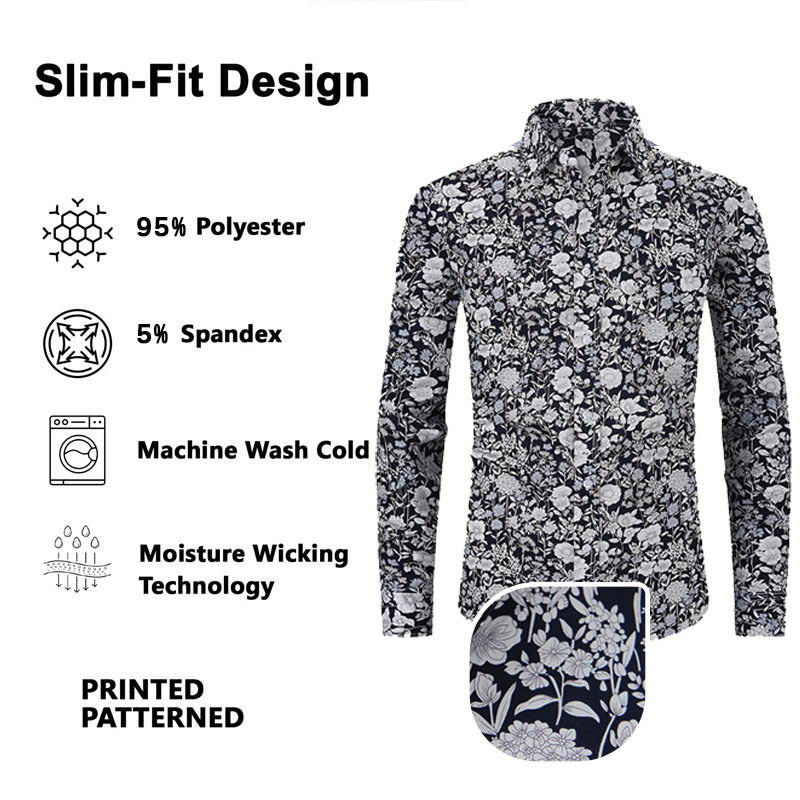 Men's Print Lapel Collar Shirt - Long Sleeve Relaxed Fit Casual Shirt