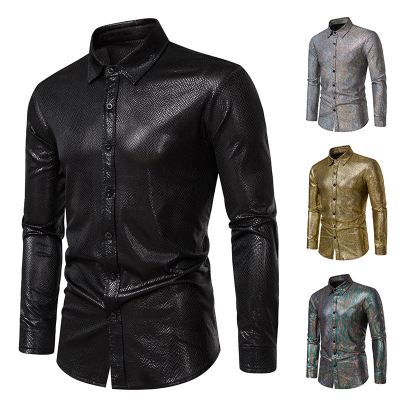 Men's Snakeskin Print Metallic Shirt - Long Sleeve Stage Performance Shirt